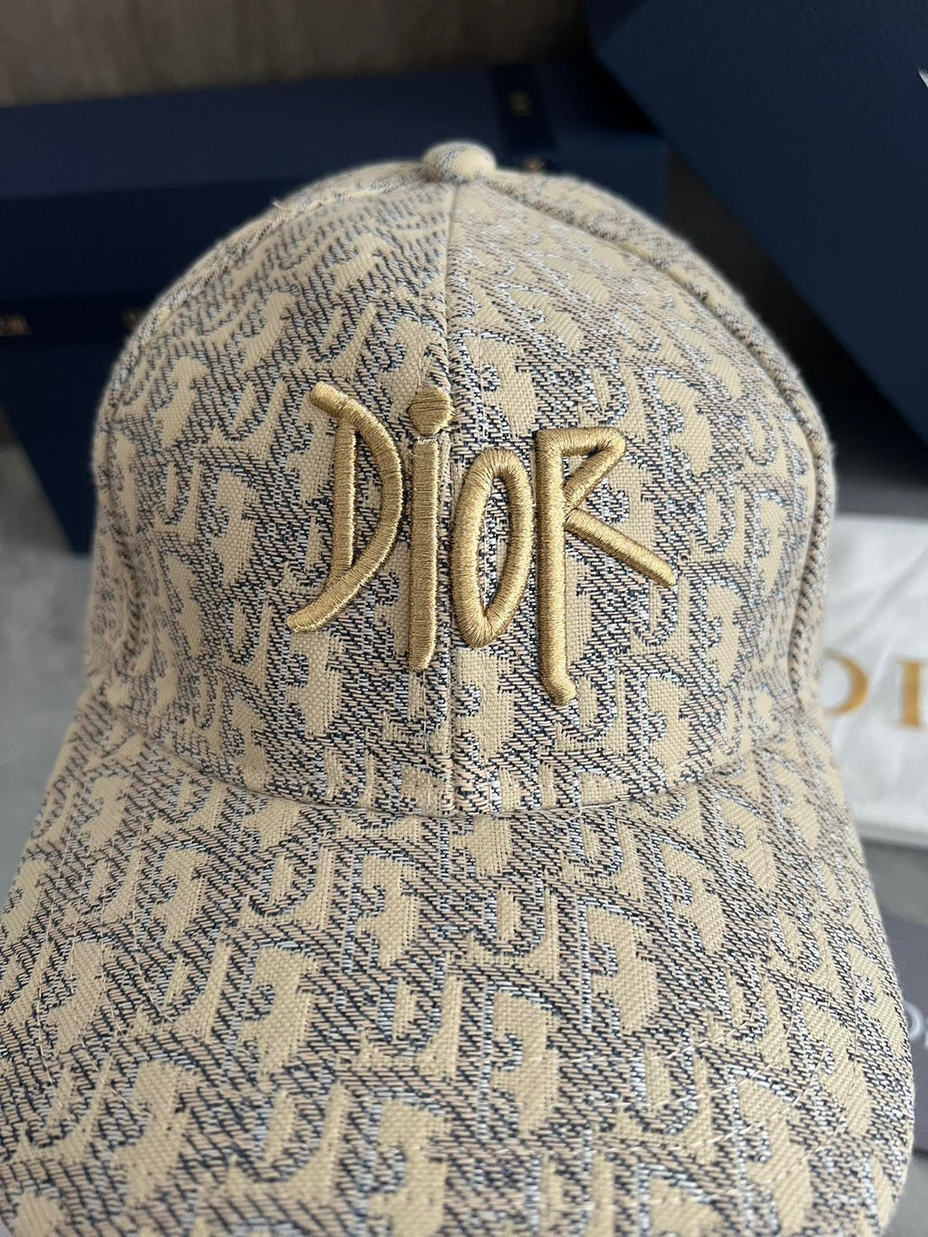 Dior Oblique Baseball Cap with Gold Script Embroidery – Beige & Grey Edition