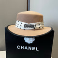 Chanel Boater Hat in Beige Wool Felt & Polka Dot Silk