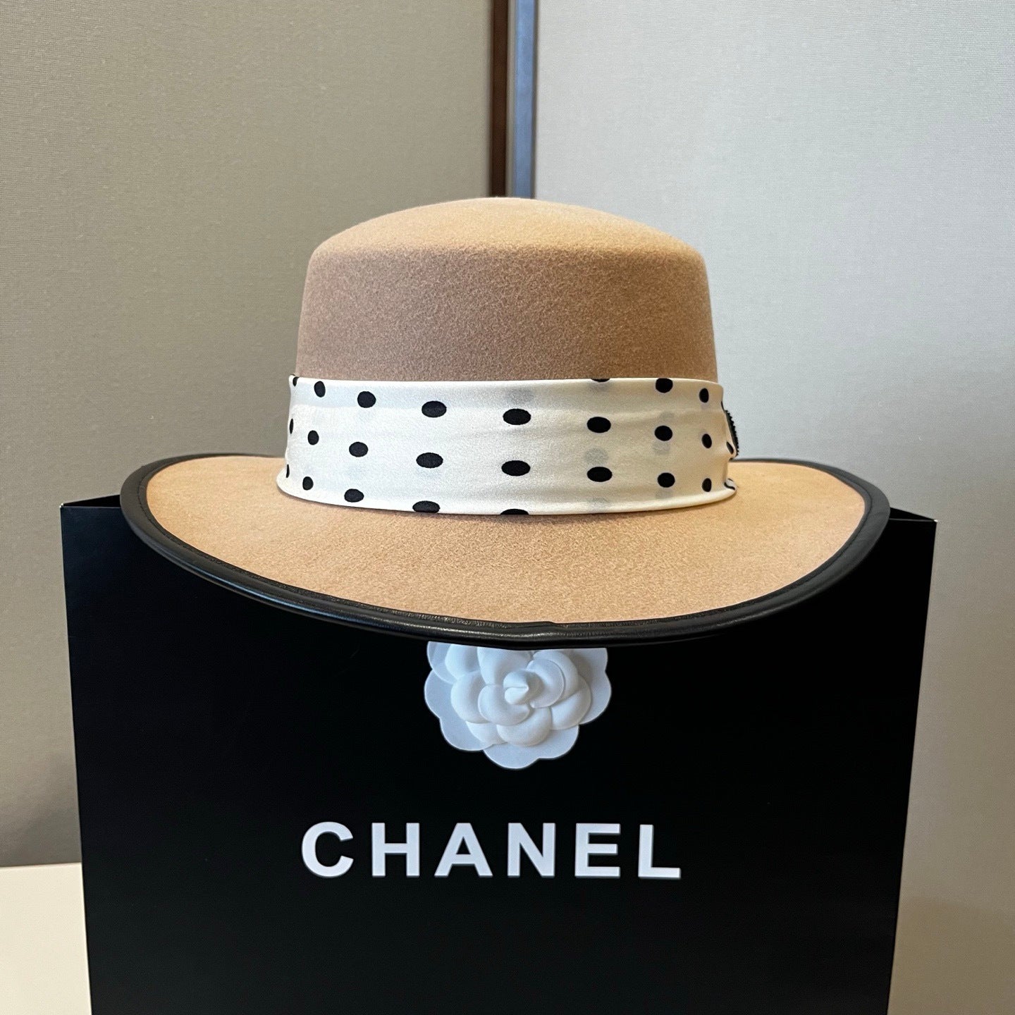 Chanel Boater Hat in Beige Wool Felt & Polka Dot Silk