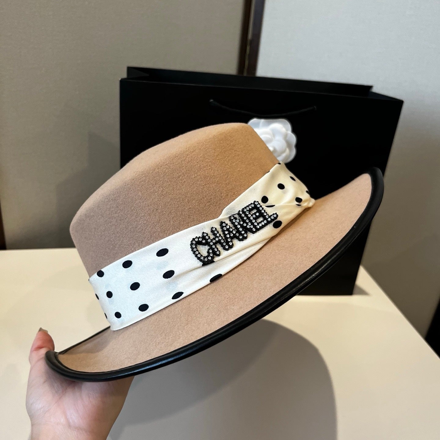 Chanel Boater Hat in Beige Wool Felt & Polka Dot Silk