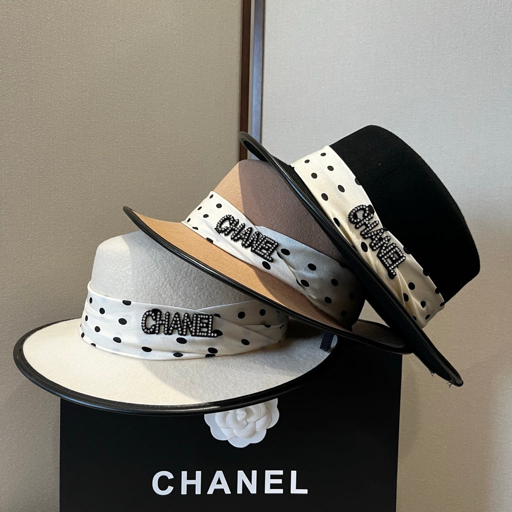 Chanel Boater Hat in Wool Felt & Polka Dot Silk