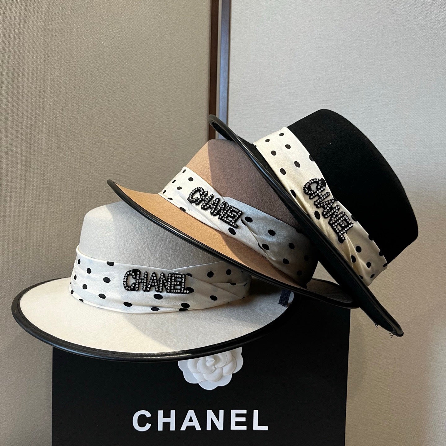 Chanel Boater Hat in Wool Felt & Polka Dot Silk