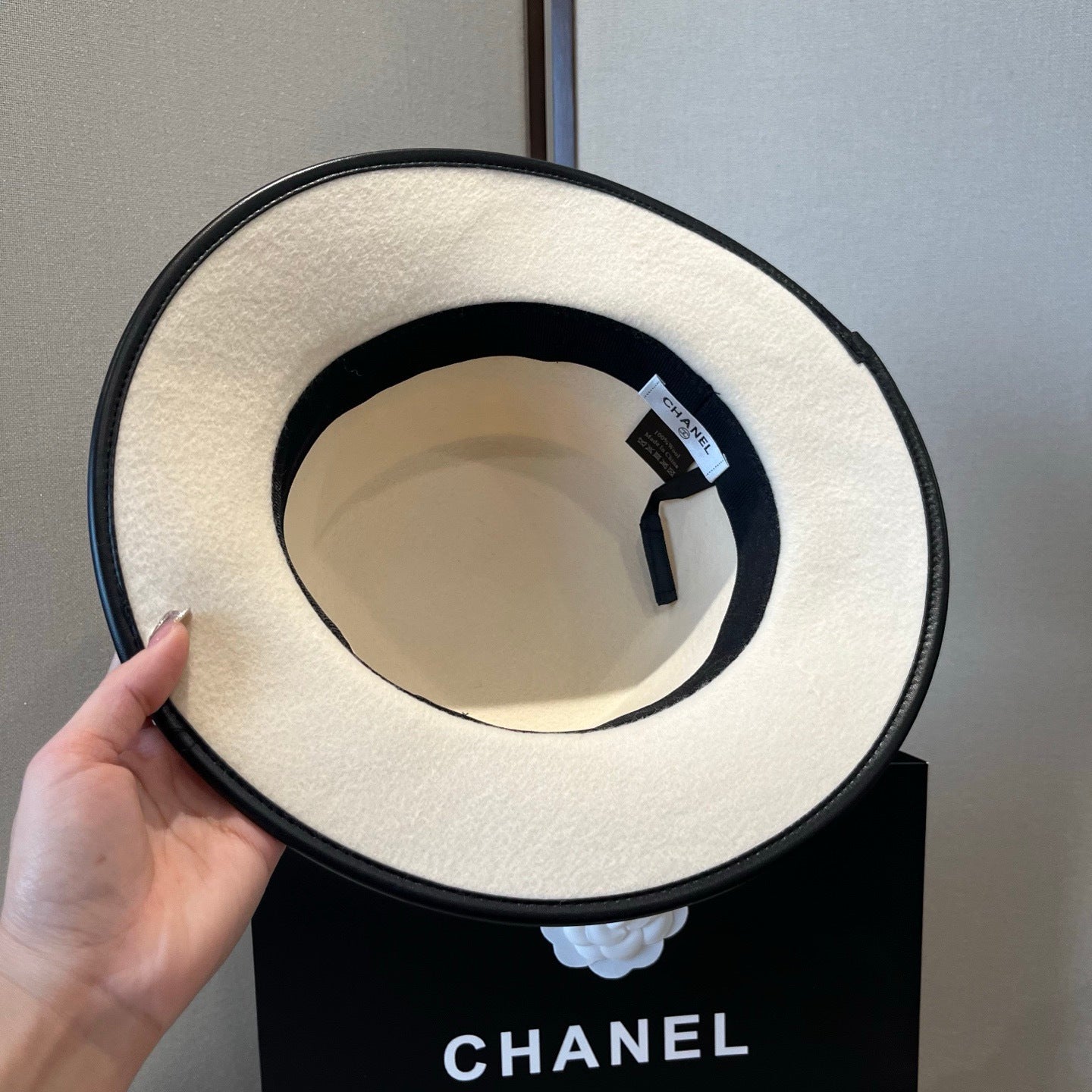 Chanel Boater Hat in Wool Felt & Polka Dot Silk