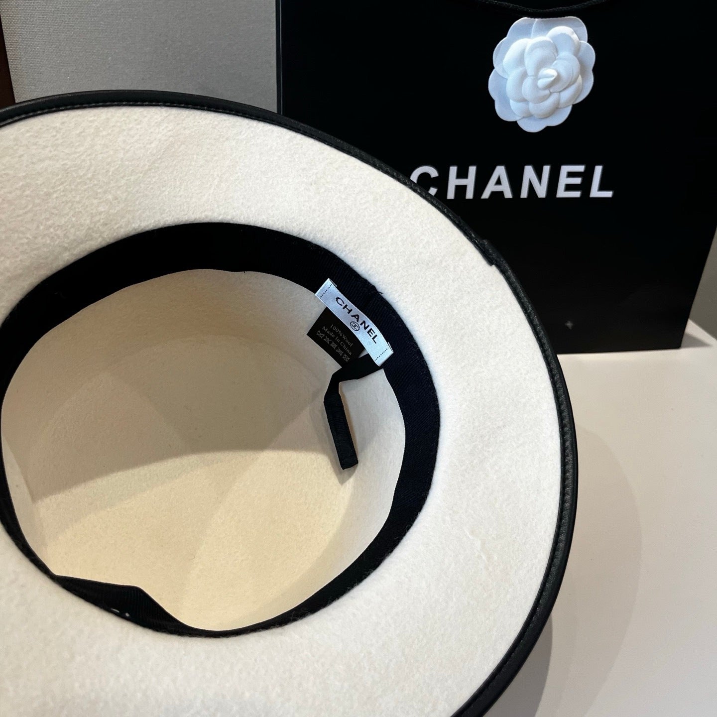 Chanel Boater Hat in Wool Felt & Polka Dot Silk
