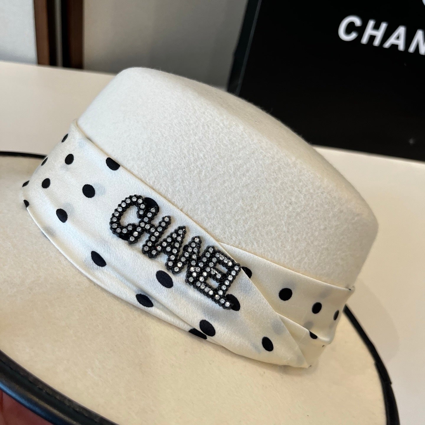 Chanel Boater Hat in Wool Felt & Polka Dot Silk