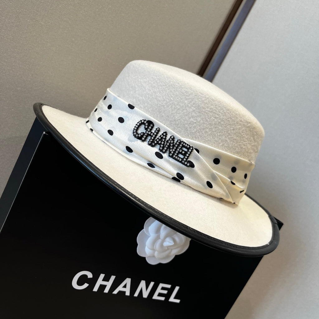 Chanel Boater Hat in Wool Felt & Polka Dot Silk