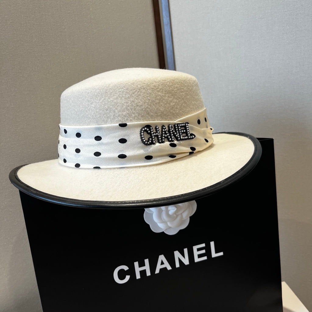 Chanel Boater Hat in Wool Felt & Polka Dot Silk