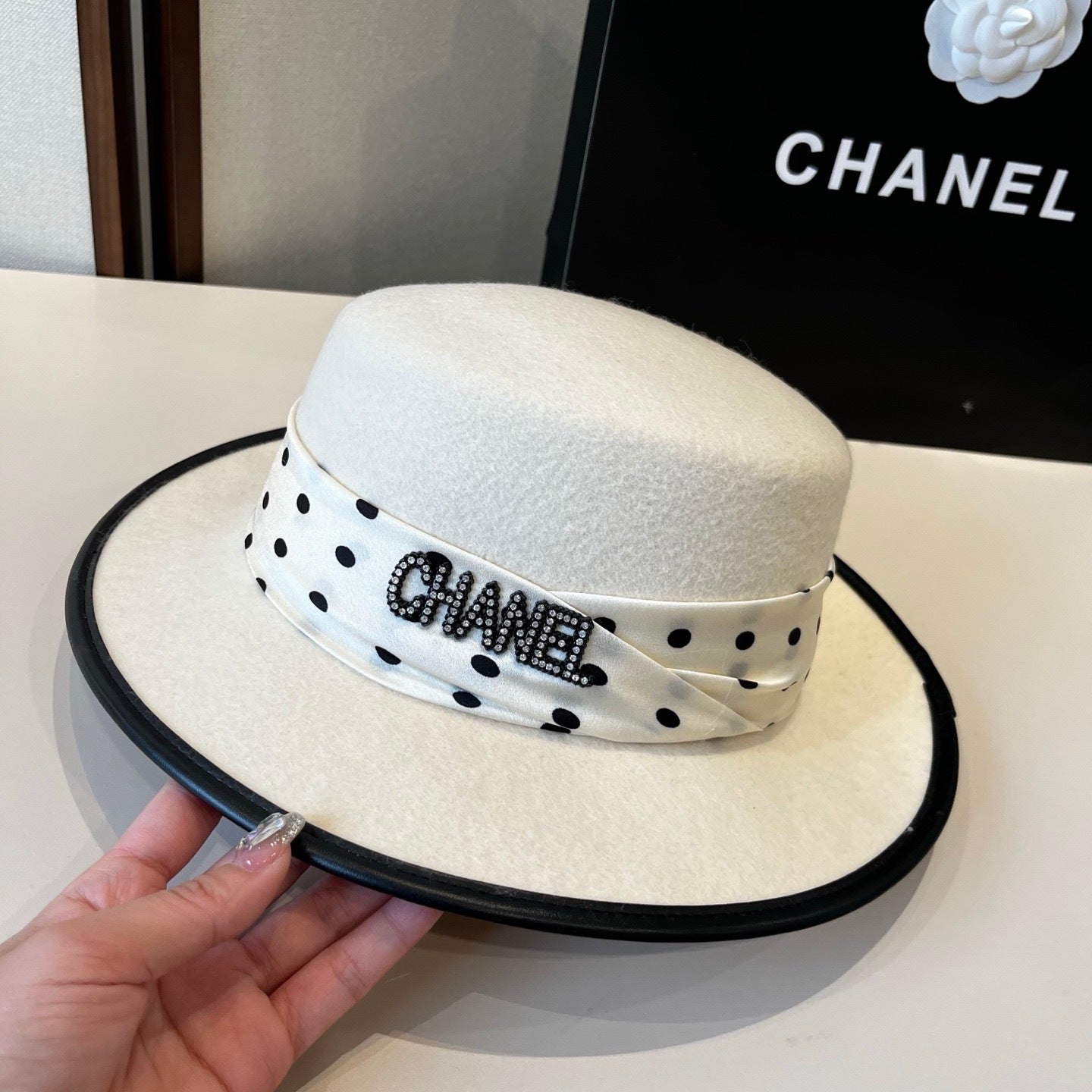 Chanel Boater Hat in Wool Felt & Polka Dot Silk