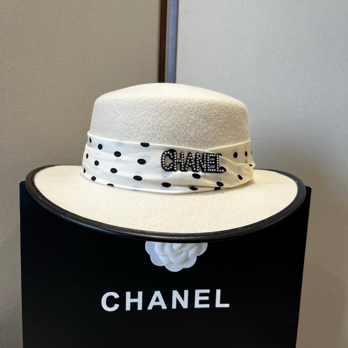 Chanel Boater Hat in Wool Felt & Polka Dot Silk