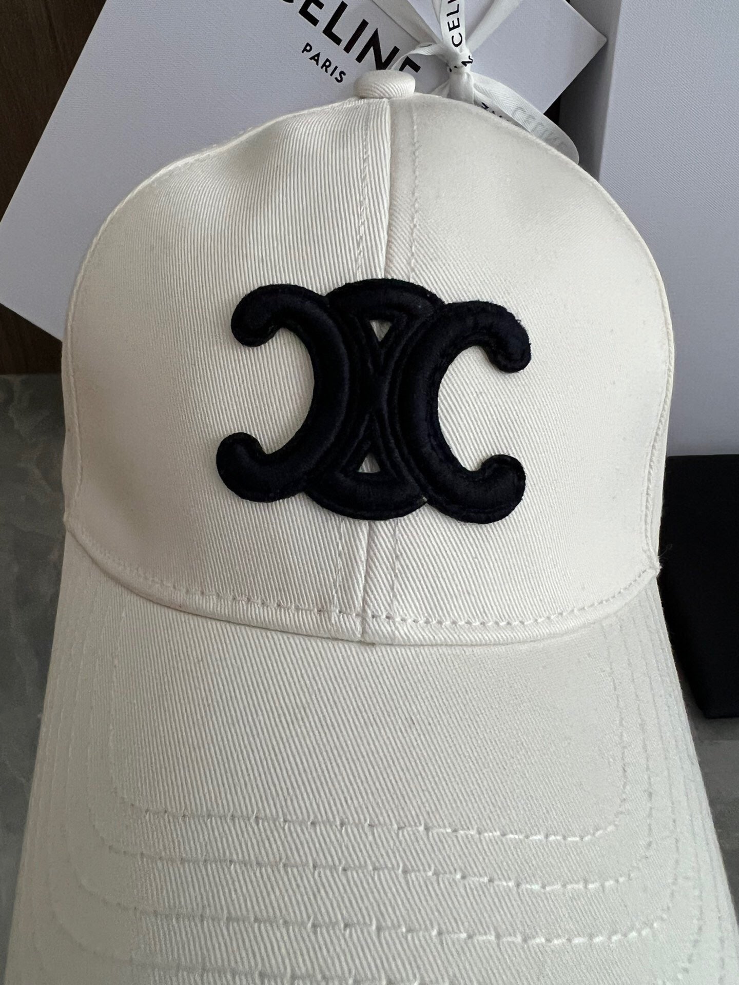 Celine Triomphe Baseball Cap in Cotton Gabardine – White & Black Edition