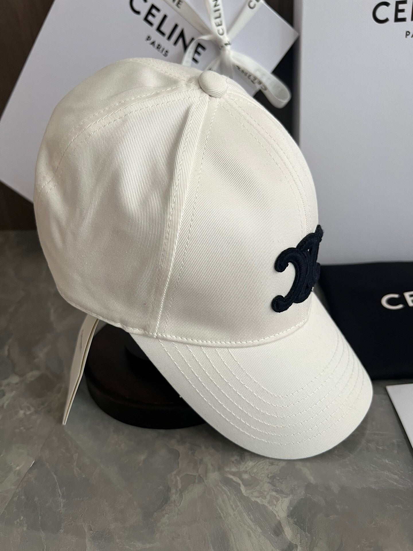 Celine Triomphe Baseball Cap in Cotton Gabardine – White & Black Edition