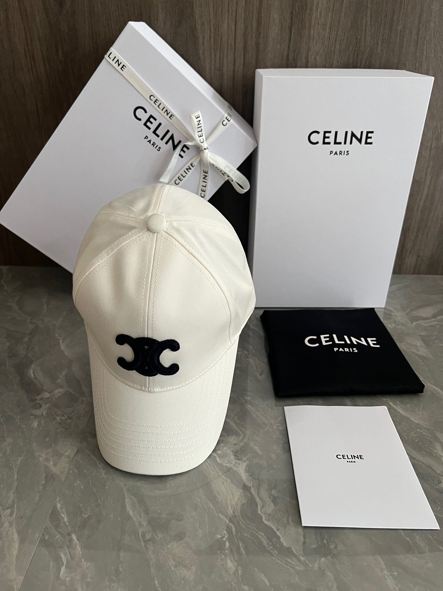 Celine Triomphe Baseball Cap in Cotton Gabardine – White & Black Edition
